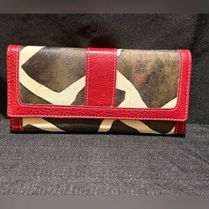 Women Texas leather wallet cow print red trim design (inner wallet discolored)